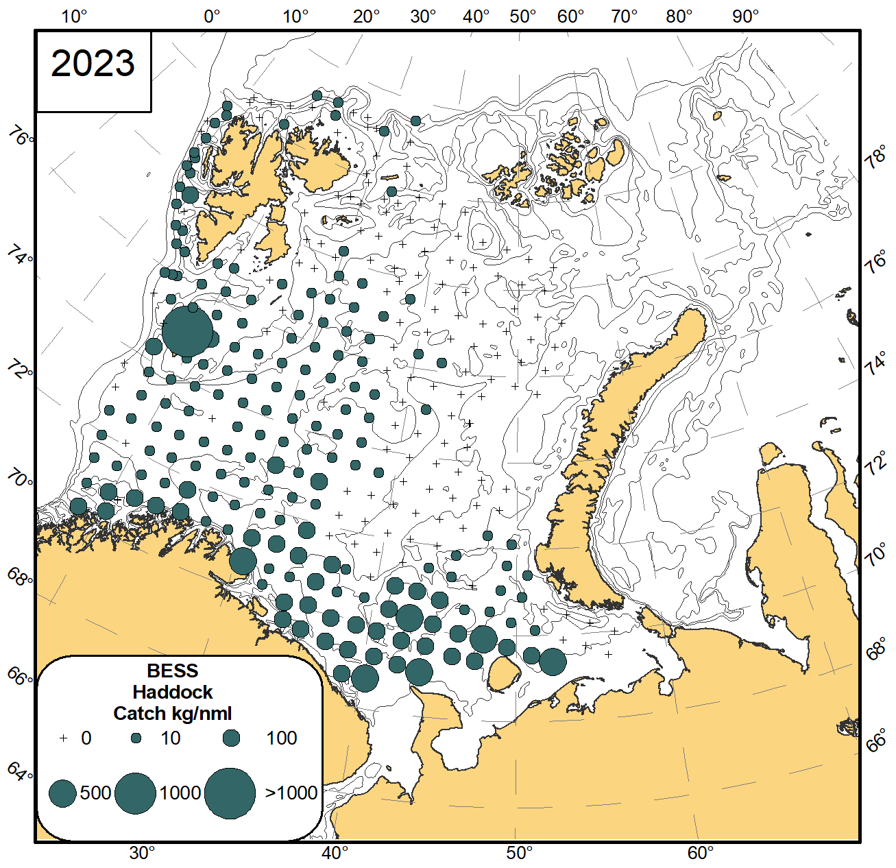 Figure 8.2 Distribution of haddock (Melanogrammus aeglefinus), August-November 2023. 