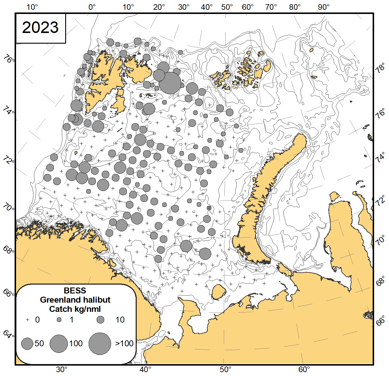Figure 8.4 Distribution of Greenland halibut (Reinhardtius hippoglossoides), August-November 2023.
