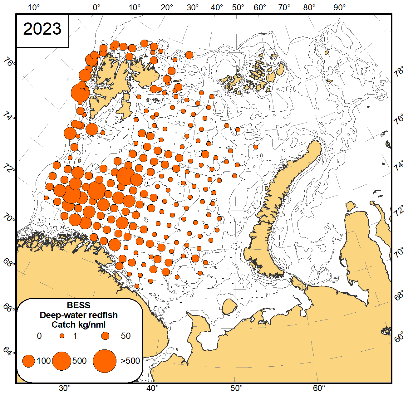 Figure 8.6 Distribution of deep-water redfish (Sebastes mentella), August-November 2023.