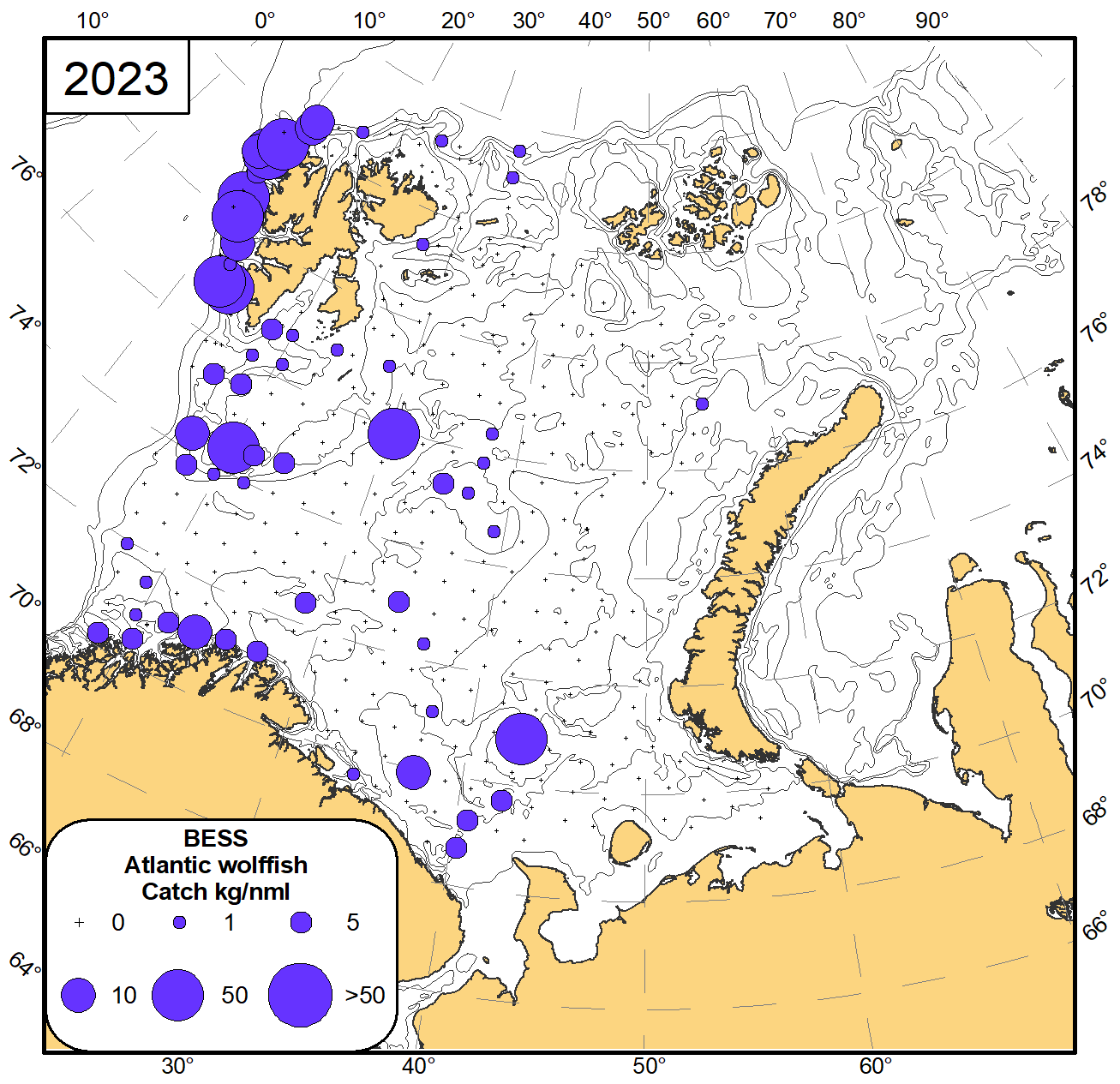 Figure 8.9 Distribution of Atlantic wolffish (Anarhichas lupus), August-November 2023. 