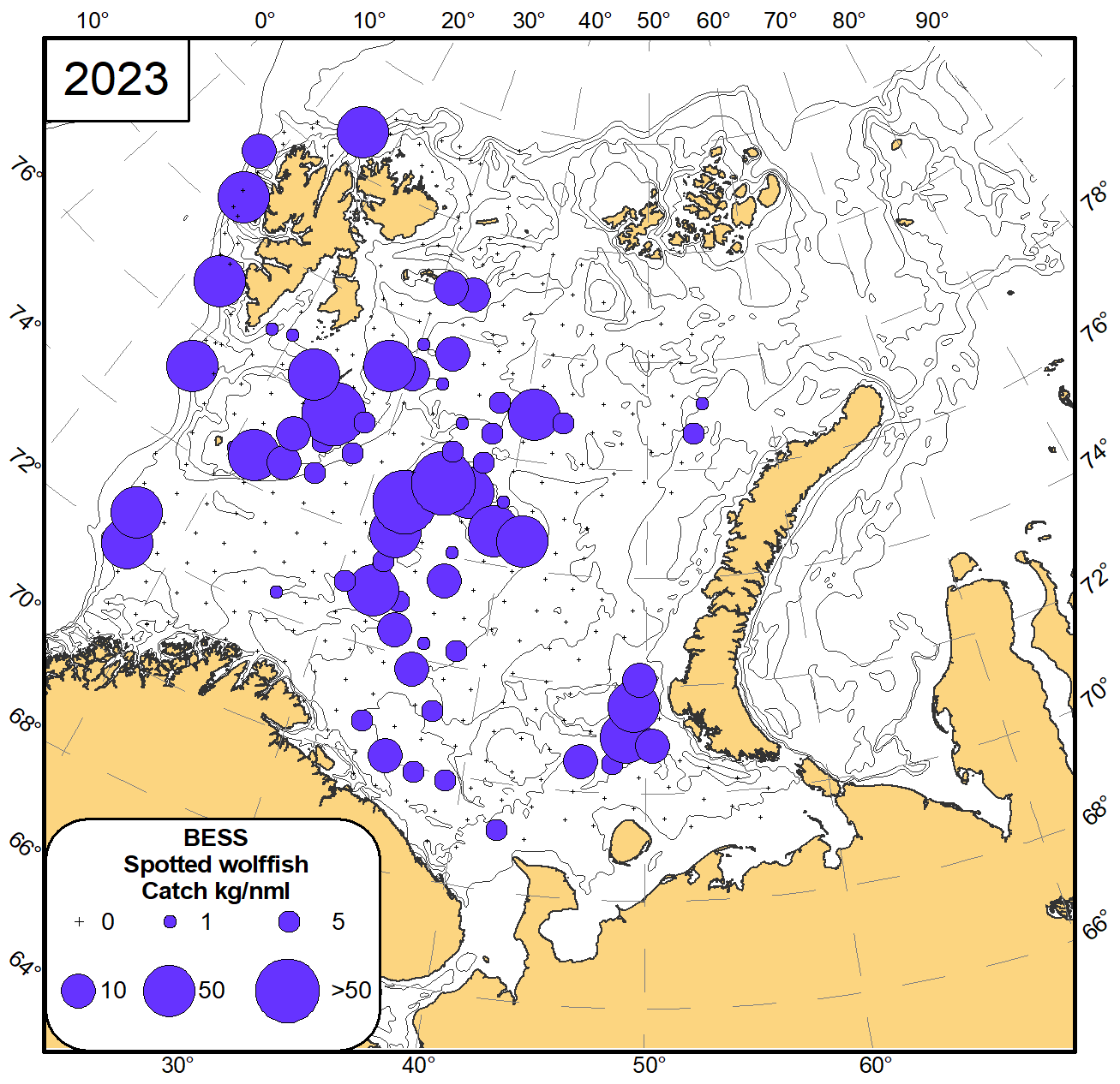 Figure 8.10 Distribution of spotted wolffish (Anarhichas minor), August-November 2023. 