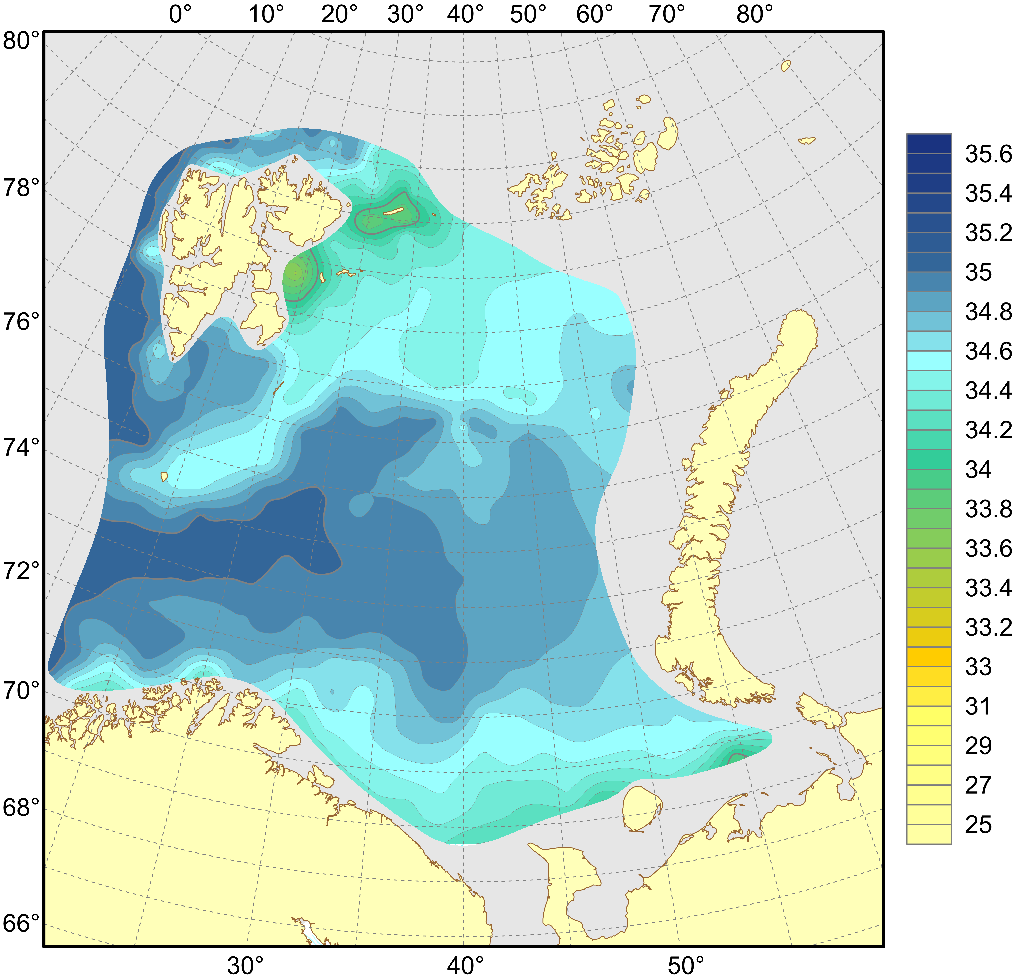Figure 4.1.1.4. Distribution of salinity at the 50 m depth, August–September 2023.