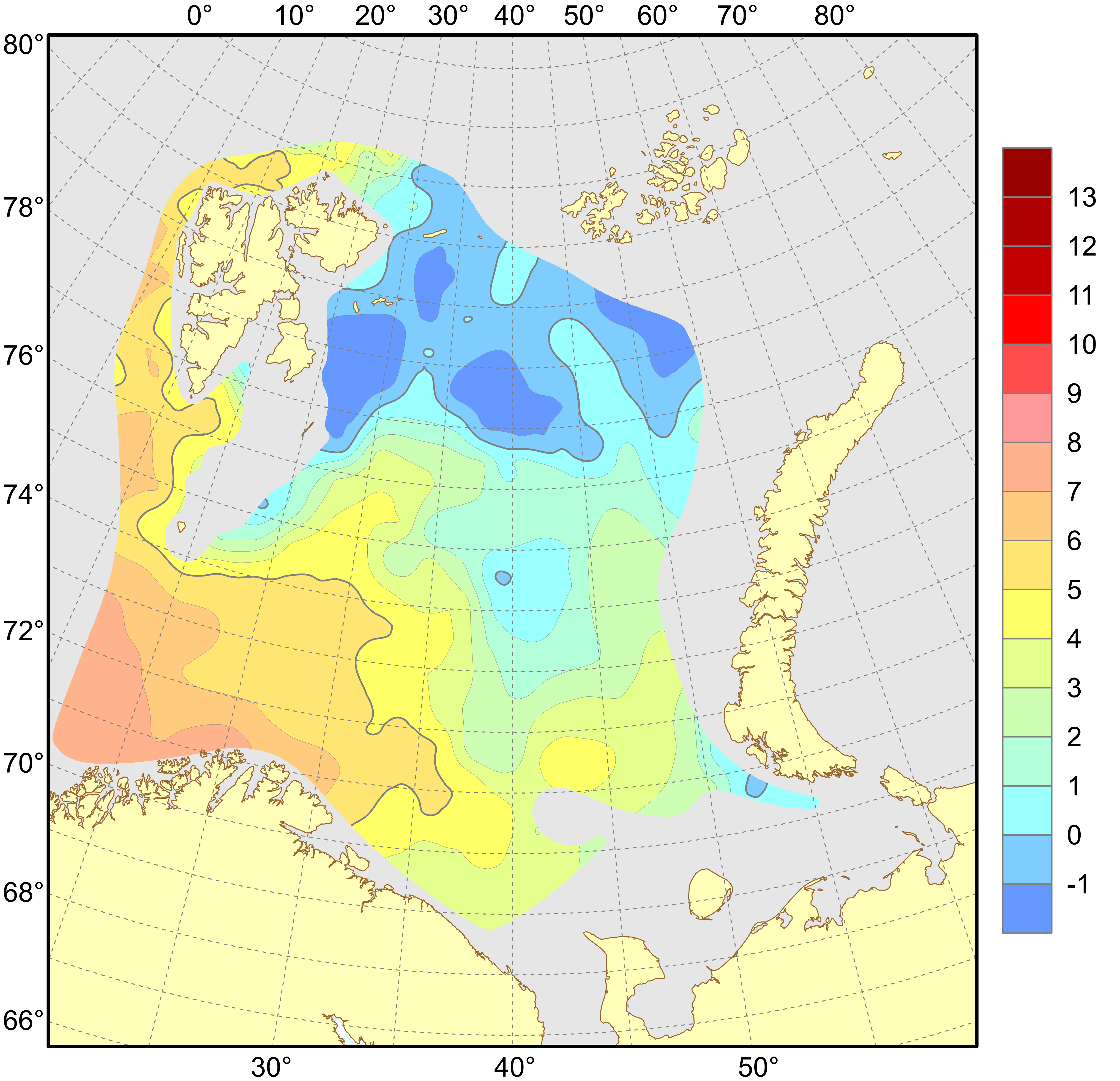 Figure 4.1.1.5. Distribution of temperature (°C) at the 100 m depth, August–September 2023.