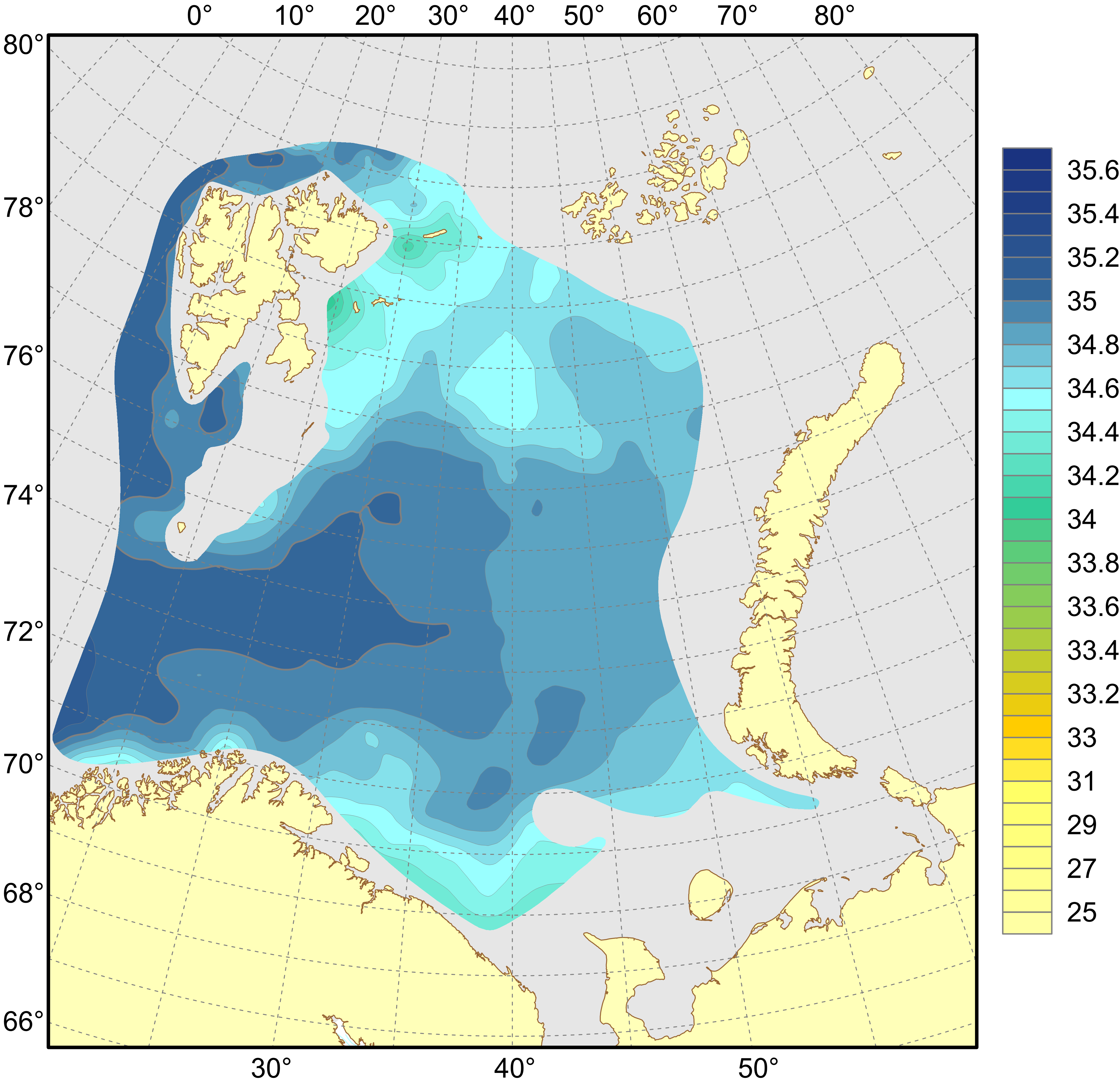 Figure 4.1.1.6. Distribution of salinity at the 100 m depth, August–September 2023.