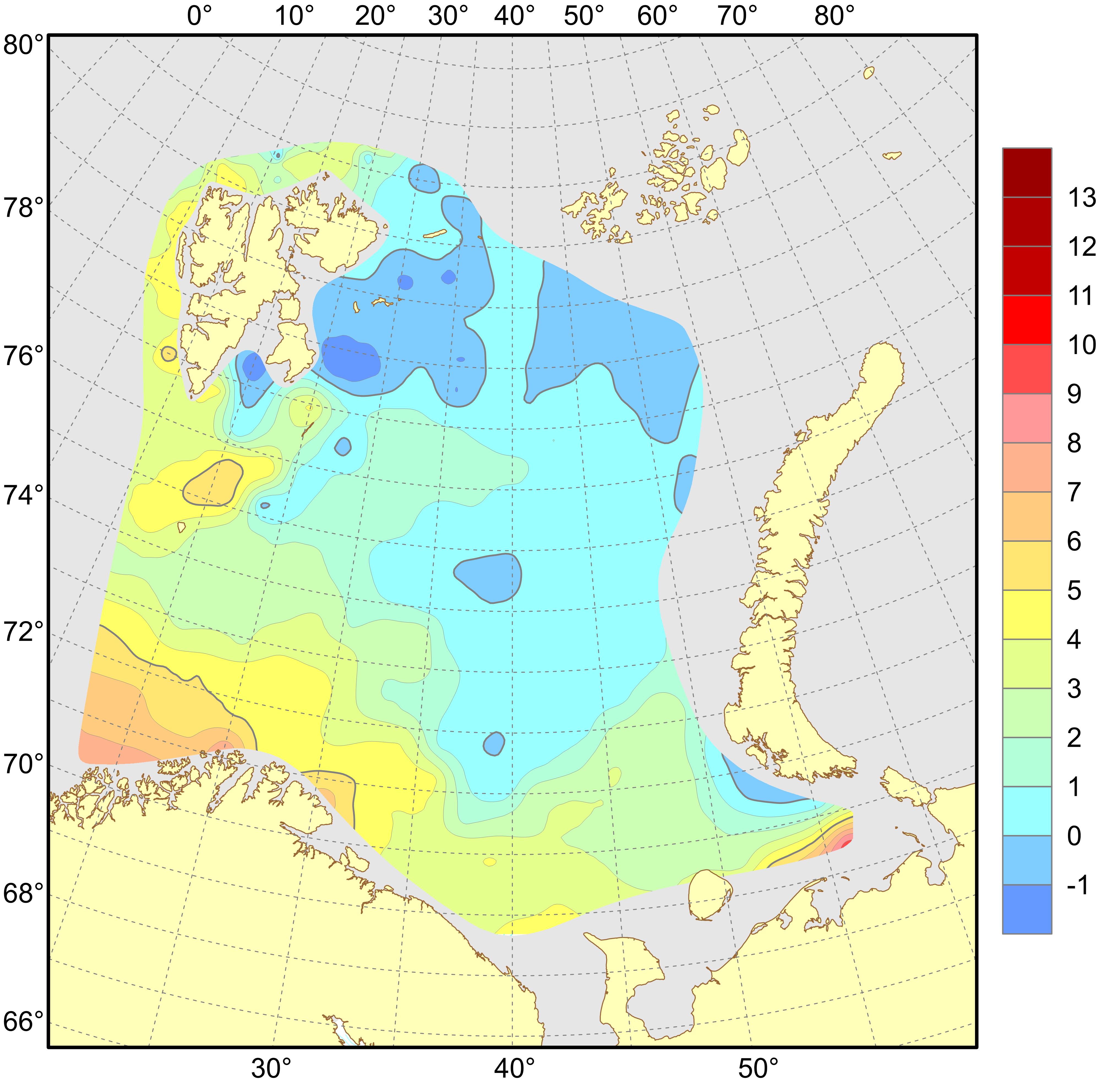 Figure 4.1.1.7. Distribution of temperature (°C) at the bottom, August–September 2023.