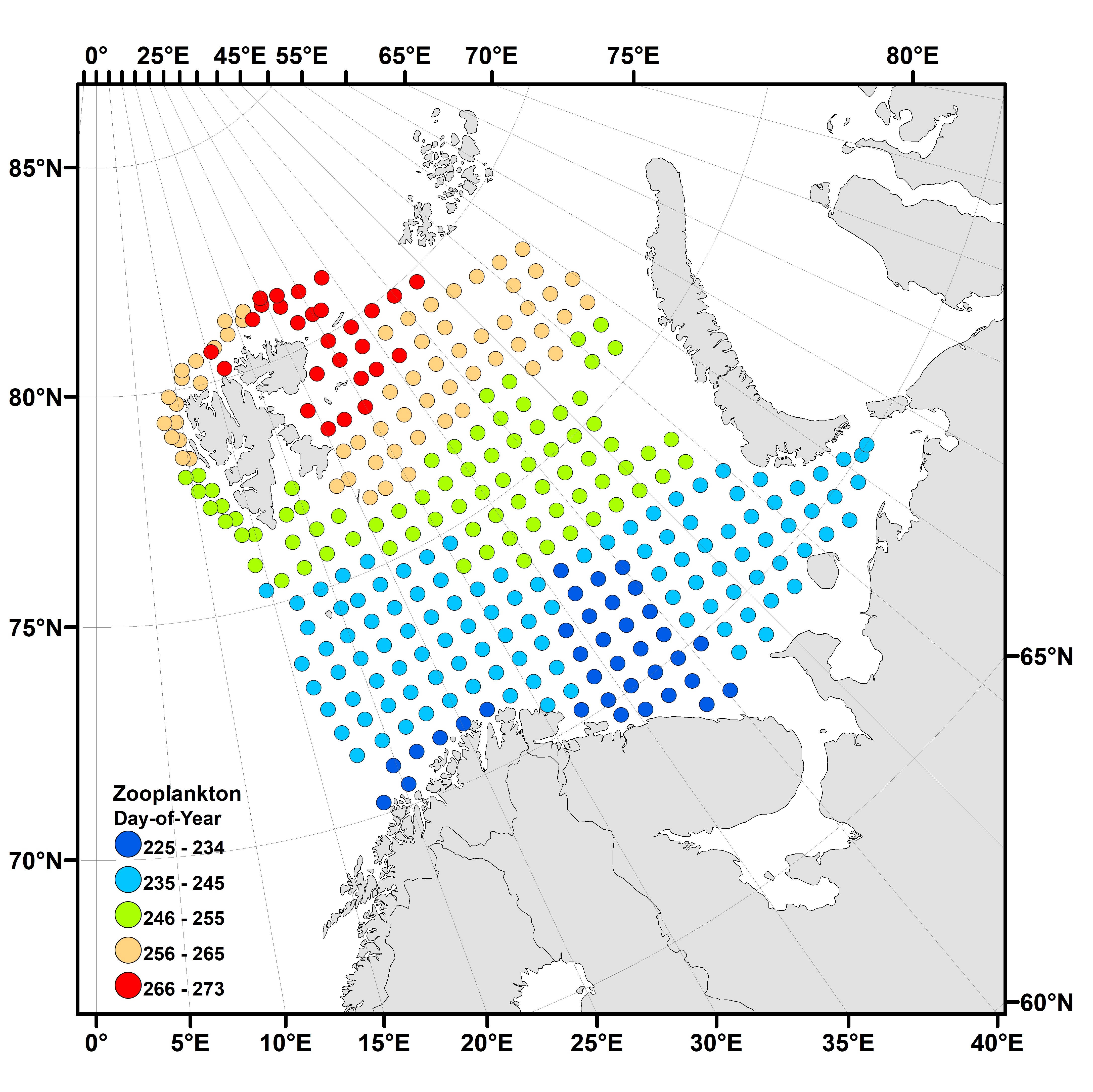  Figure 5.5.2. Day-number in the year for sampling of mesozooplankton with WP2 and Juday nets in the Barents Sea during BESS 2023. Visualization made in ArcGIS v.10.8. Note that the largest differences in sampling-time followed the south-north gradient.