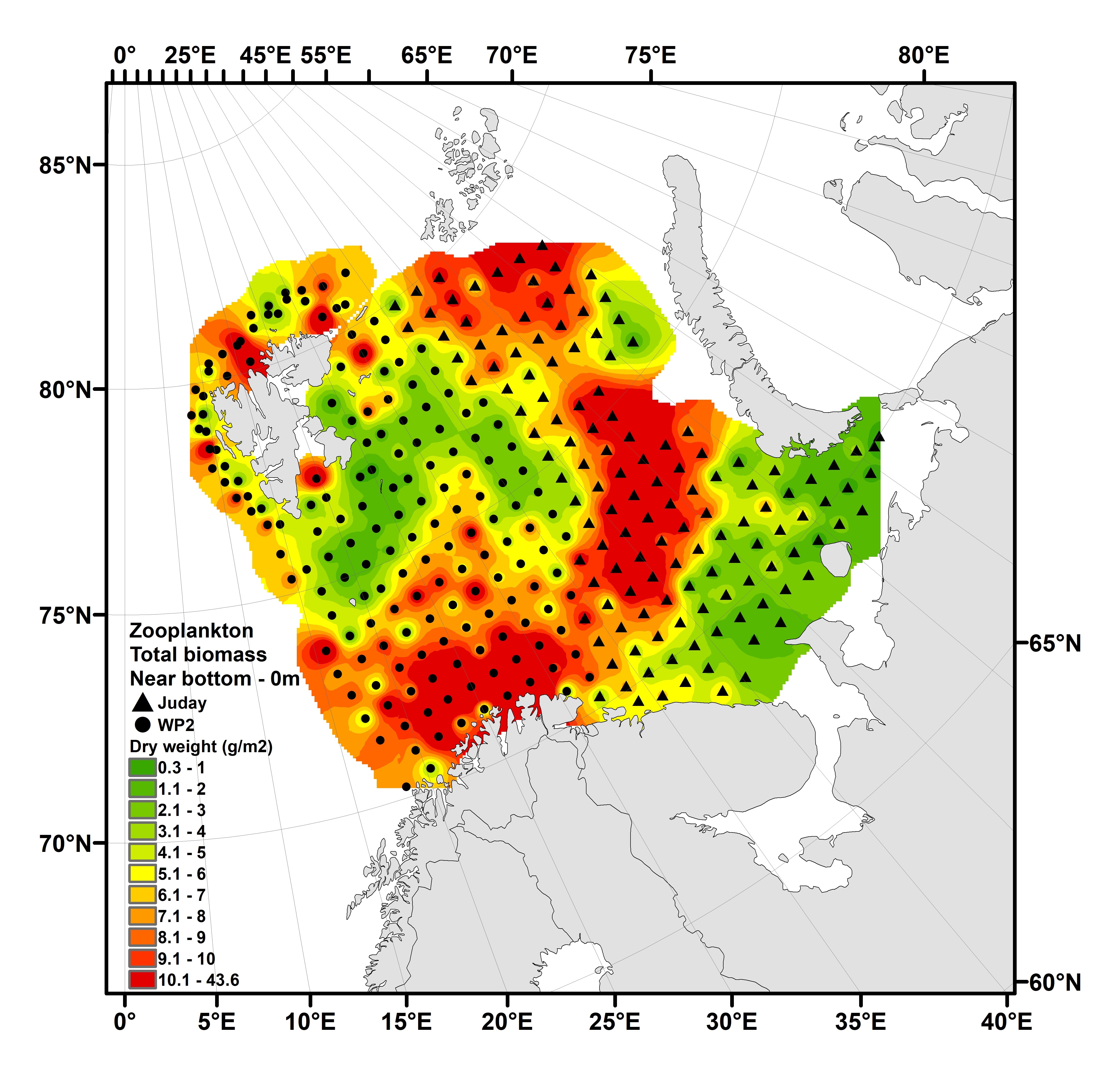  Figure 5.5.1. Distribution of total zooplankton biomass (g dry-weight m-2) from near-bottom to surface in the Barents Sea during BESS 2023 - based on a total of 308 stations. The data visualized were collected by WP2 and Juday nets with mesh-size 180 µm. Interpolation was made in ArcGIS v.10.8, module Spatial Analyst, using inverse distance weighting (IDW).