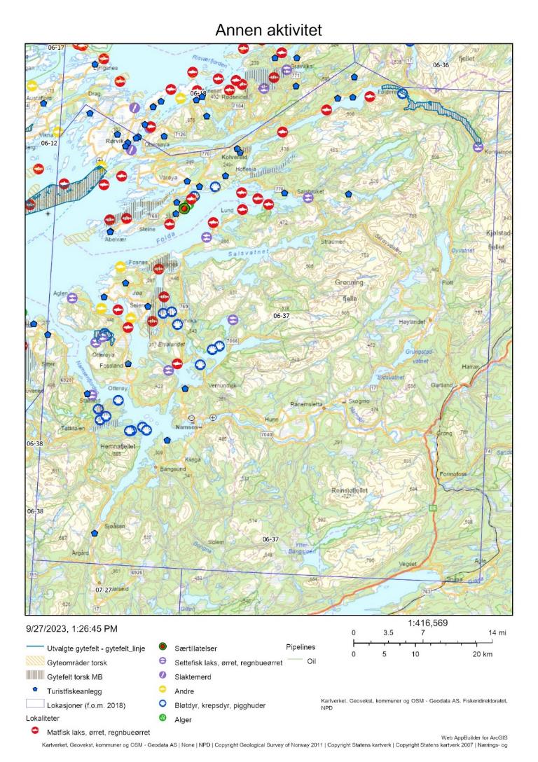Figur 70 : Annen menneskelig aktivitet på de aktuelle gytefeltene, herunder akvakultur, turistfiskebedrifter og olje/gass-installasjoner.