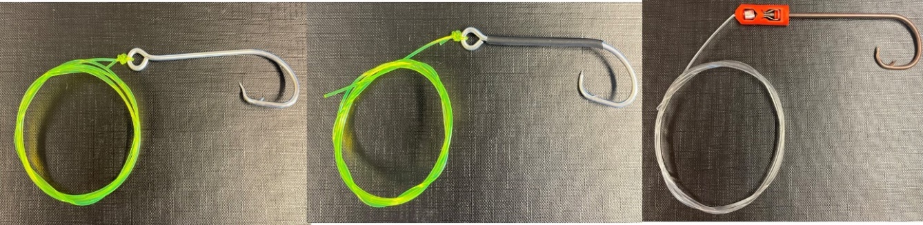 Figuren viser 3 bilder av blåkveitekrok, gummiert blåkveitekrok og Snap-on hurtigkobling mellom krok og forsyn.