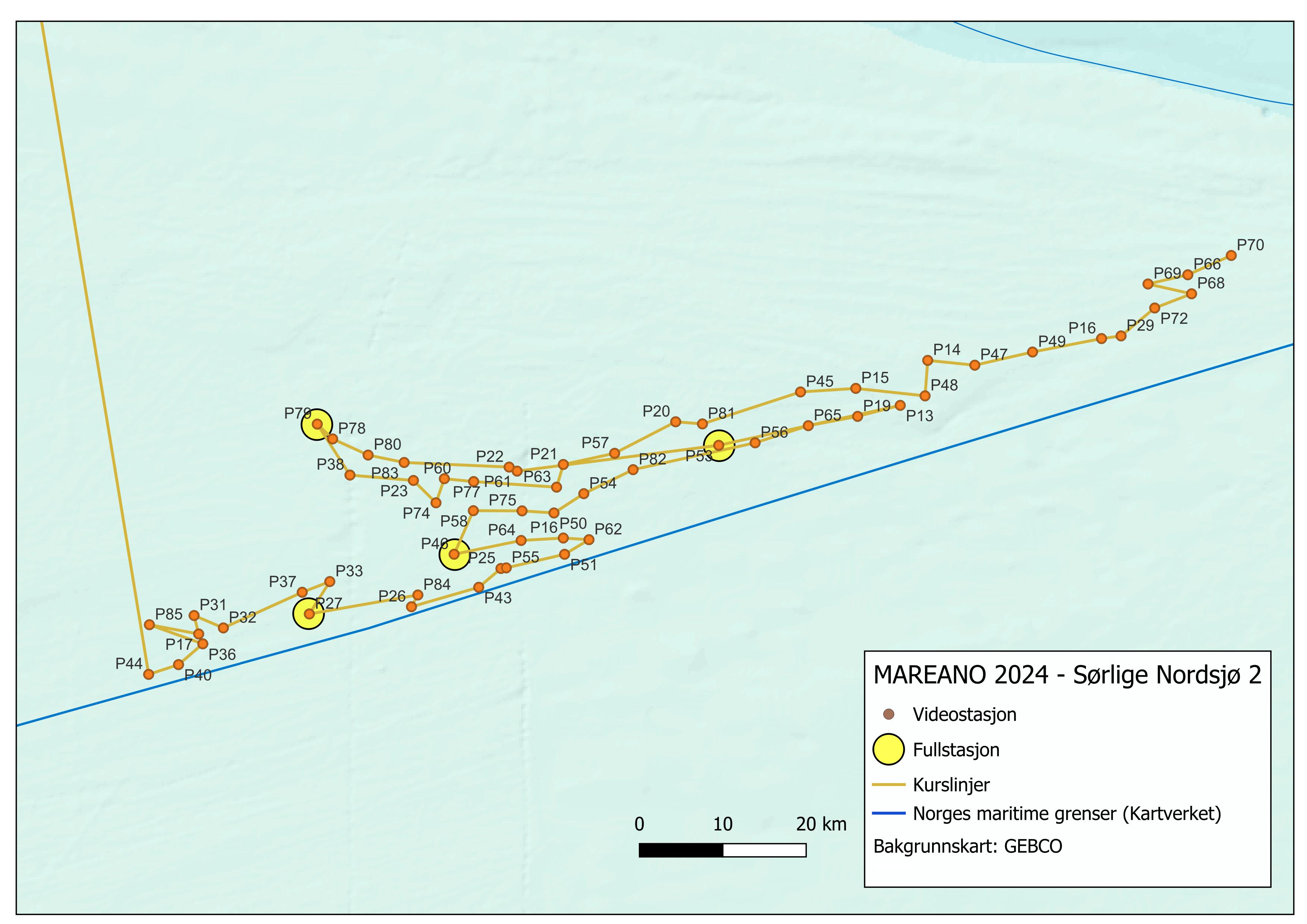 Oversikt over stasjoner og seilingsplan i områdene Sørlige Nordsjø II og NSJ-2. Totalt 61 videolinjer og fire fullstasjoner.