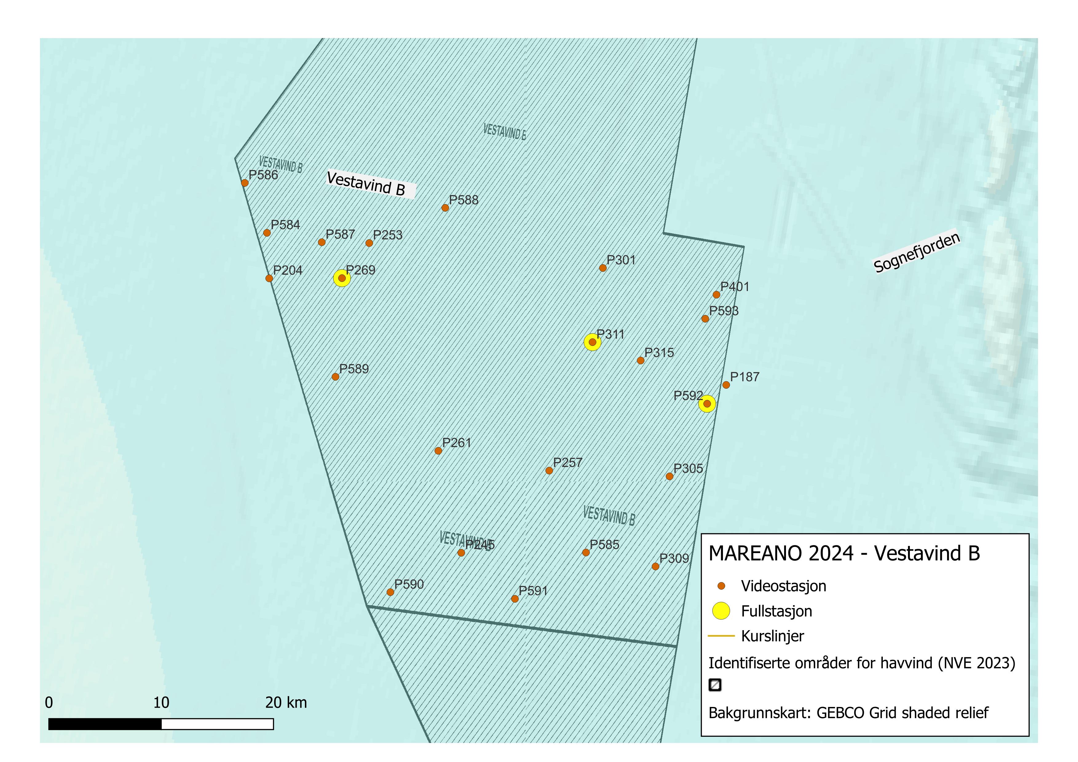 Oversikt over stasjoner og seilingsplan i området Vestavind B. Totalt 20 videostasjoner og tre fullstasjoner.