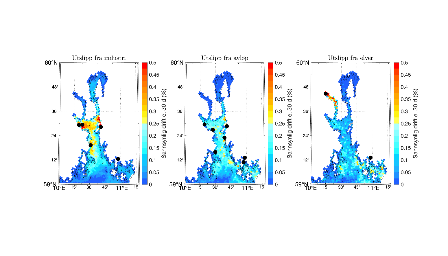 Kart som viser simulert spredning av utslipp fra industri, avløp og elver i området.
