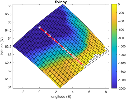 Figure A11: Svinøy transect (red) with CTD sampling stations indicated by asterisks and the closest TOPAZ model grid points to each station indicated by open circles. Contours show TOPAZ bottom topography (m).