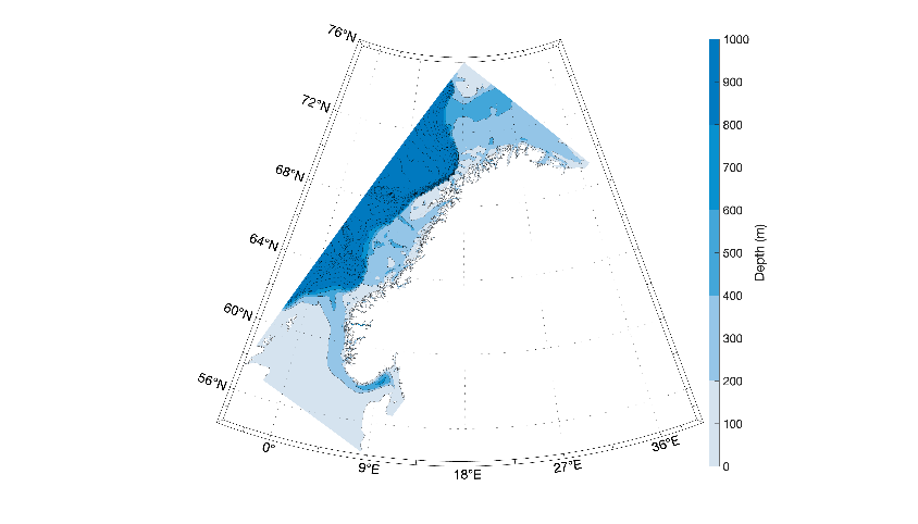 Figure A2: Domain and bathymetry of the Norkyst800 model configuration (Albretsen et al., 2011).