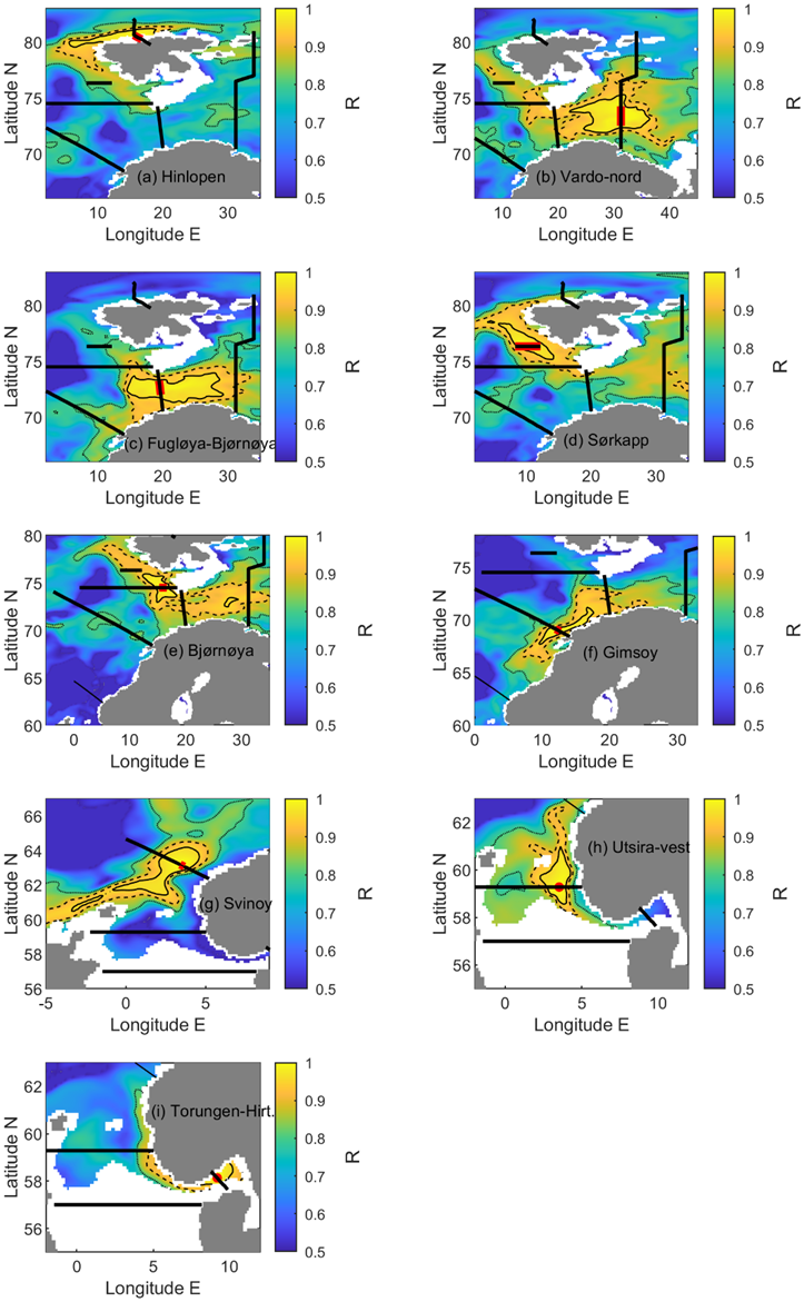 Figure 21: Maps of correlation coefficients between yearly mean 100 m depth temperature time series at station(s) indicated by a red dot or line along each IMR transect and all surrounding model grid points. Dashed lines indicated the 0.95, 0.9 and 0.85 correlation (R) contours. Black lines indicate the locations of fixed CTD transects. Plots are generated using the TOPAZ Arctic Ocean Physics Reanalysis.