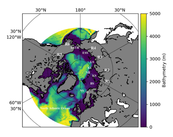 Figure A3: Domain and bathymetry of the NEMO-NAA10 km-NAA10 km model configuration (Hordoir et al., 2022).