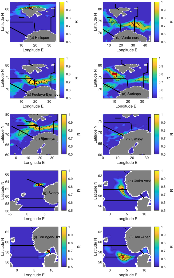 Figure 20: Maps of correlation coefficients between yearly mean surface salinity time series at station(s) indicated by a red dot or line along each IMR transect and all surrounding model grid points. Dashed lines indicated the 0.95, 0.9 and 0.85 correlation (R) contours. Black lines indicate the locations of fixed CTD transects. Plots are generated using the TOPAZ Arctic Ocean Physics Reanalysis.