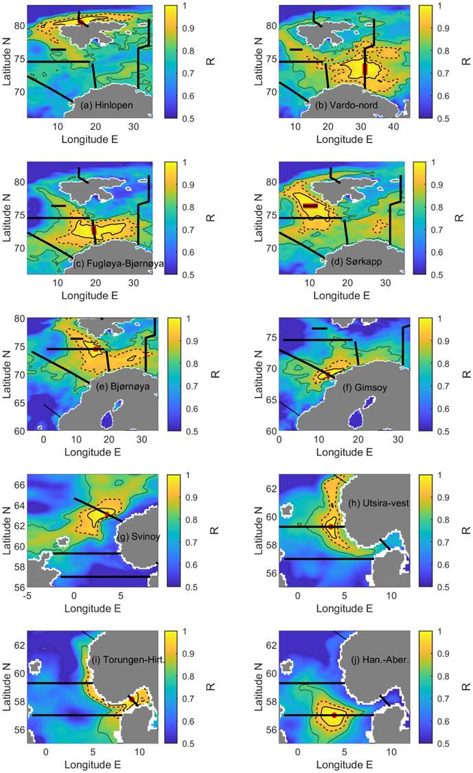 Figure 19: Maps of correlation coefficients between yearly mean surface temperature time series at station(s) indicated by a red dot or line along each IMR transect and all surrounding model grid points. Dashed lines indicated the 0.95, 0.9 and 0.85 correlation (R) contours. Black lines indicate the locations of fixed CTD transects. Plots are generated using the TOPAZ Arctic Ocean Physics Reanalysis.