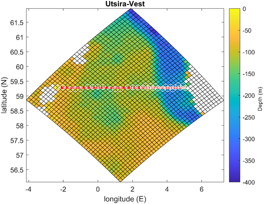 Figure A12: Utsira-West transect (red) with CTD sampling stations indicated by asterisks and the closest TOPAZ model grid points to each station indicated by open circles. Contours show TOPAZ bottom topography (m).