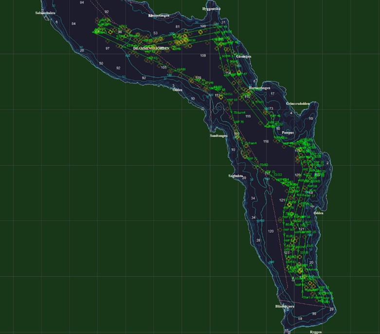 Figuren er et kart over deler av Drammensfjorden. Kartet viser dybdekotene i fjorden og grønne linjer viser hvor undervannsfarkosten har kjørt. 
