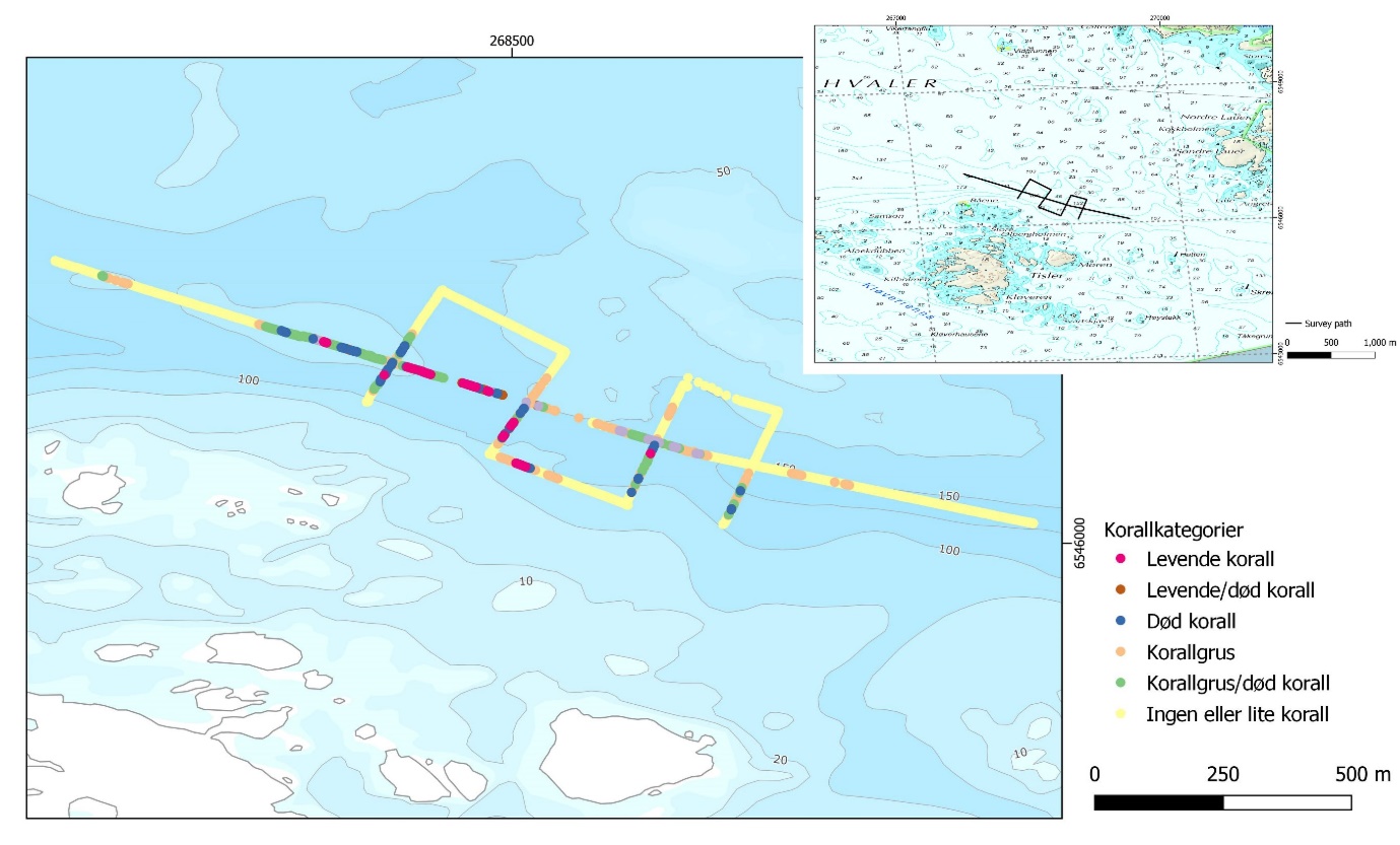 Figuren viser et detaljert sjøkart med dybdekoter og med traseen som ble kartlagt inntegnet. Traseen er fargekodet med ulike korallkategorier. I øverste høyre hjørne av figuren er et oversiktskart over Tilser 
