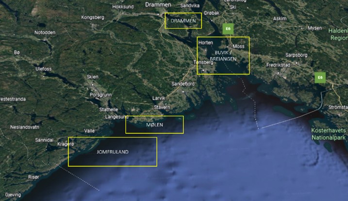 Figuren viser et kart over ytre Oslofjord. Tekst og gule omriss i kartet indikerer områdene hvor de selvgående farkostene er testet ut.