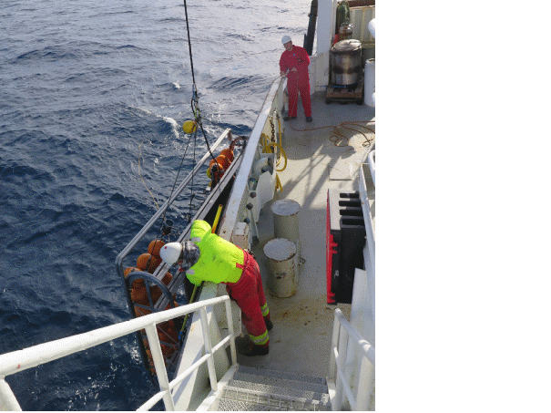 Bildet viser mannskap som setter ut videoriggen, ved hjelp av kran.