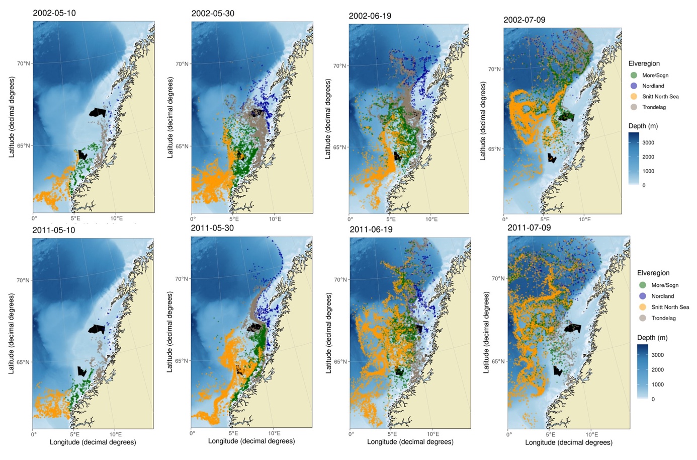 Kart som viser vandringen til virtuell postsmolt utenfor kysten av Midt-Norge i 2002 og 2010.
