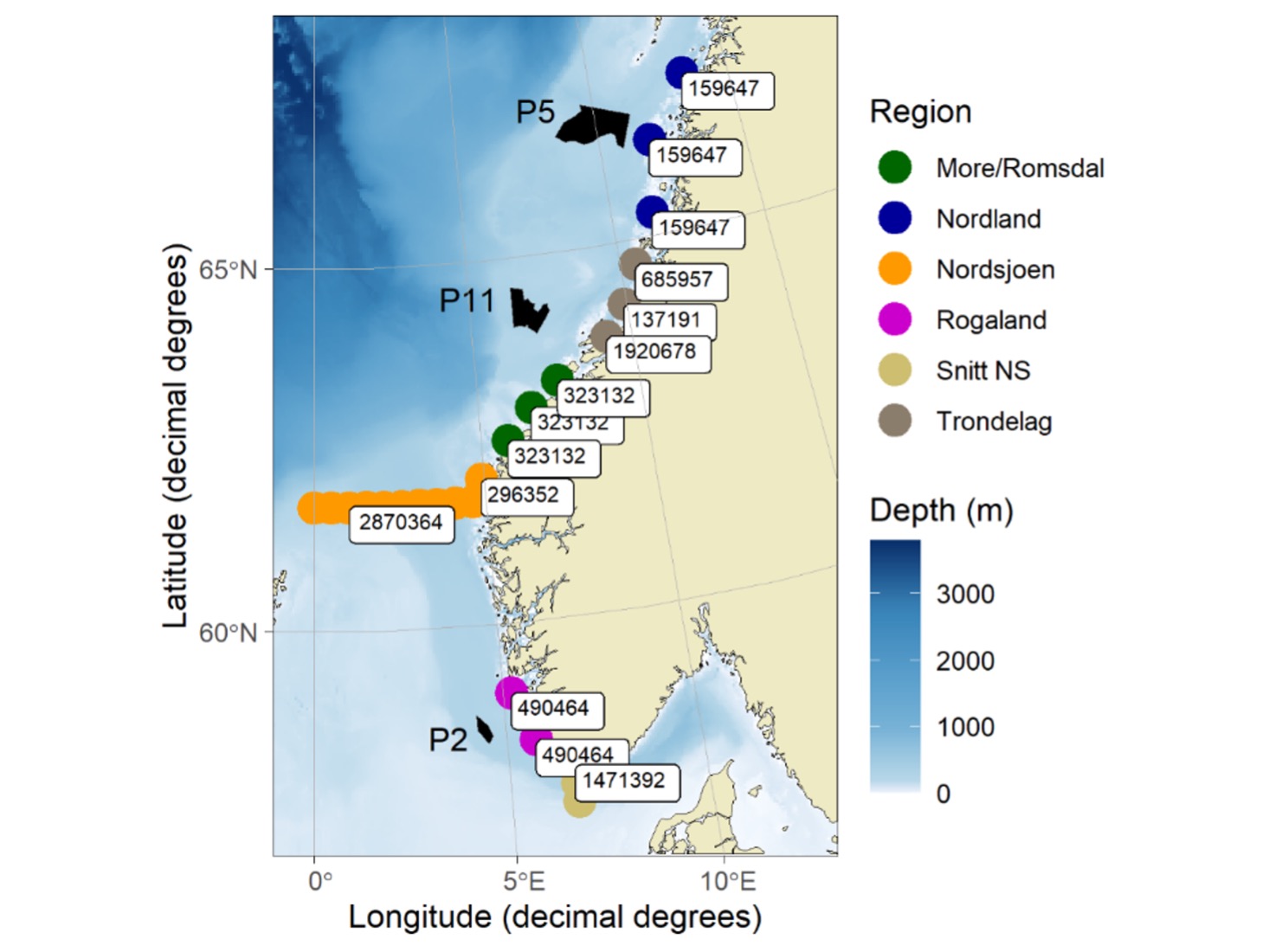 Kart som viser slipp-punkt for de virtuelle postsmoltene som ble brukt i vandringsmodellen.