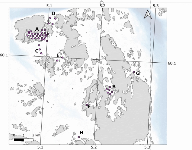 Figure 1. Overview of the the telemetry receivers in the area. These are placed in the main exposure location in Bakkasund (A), the control area in Osen (B), as curtains to control the western (C), northern (D) and southern (E) gateway from the main area as well as 3 additional spawning sites in the area (F, G, H). The miniature insert picture shows the location of the research area in Austevoll as a red mark. 