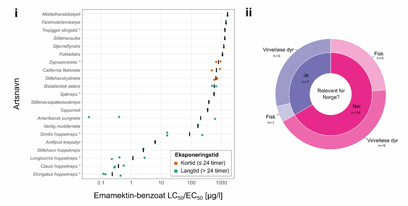 Figur 8.13.  Akutt og kronisk marin toksisitetsdata for emamektin. i) Plottet viser LC50/EC50-verdiene, basert på dødelighet som endepunkt, ved korttidseksponering (≤ 24 timer; sirkler farget i oransje) og langtidseksponering (> 24 timer; sirkler farget i grønt) for ulike marine arter. Artene er rangert i henhold til de gjennomsnittlige toksisitetsverdiene (merket med en solid svart linje). Hvis data ble uttrykt som større enn eller lik (≥), ble selve verdien plottet. * arter som finnes i Norge. ii) Smultringplottet viser antall (n) arter i datasettet som er relevante norske arter (blått felt) og andre (rødt felt) i dyregruppene som er representert.