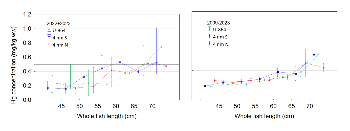 Kvikksølv i brosme mot lengde på fisken