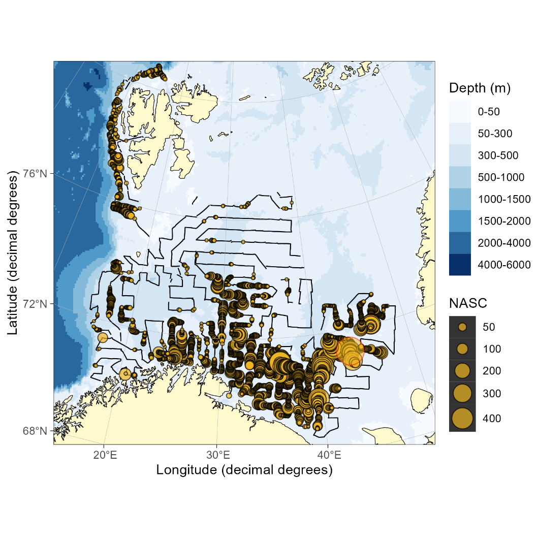 Figure 6.1. HADDOCK NASC. Distribution of acoustic backscatter (m2/nmi2 ) assigned to haddock in 2024. The black lines without yellow circles represent parts of the cruise track where the acoustic backscatter was scrutinized but not assigned to haddock. NASC values < 5 was set to zero for this illustration.
