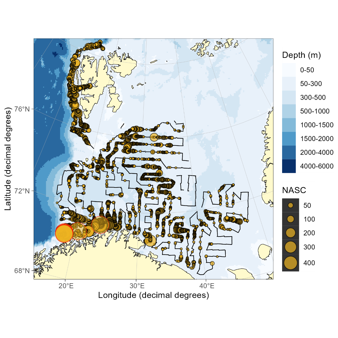 Figure 5.1. COD NASC. Distribution of acoustic backscatter (m2/nmi2 ) assigned to cod in 2024. The black lines without yellow circles represent parts of the cruise track where the acoustic backscatter was scrutinized but not assigned to cod. NASC values < 5 was set to zero for this illustration.
