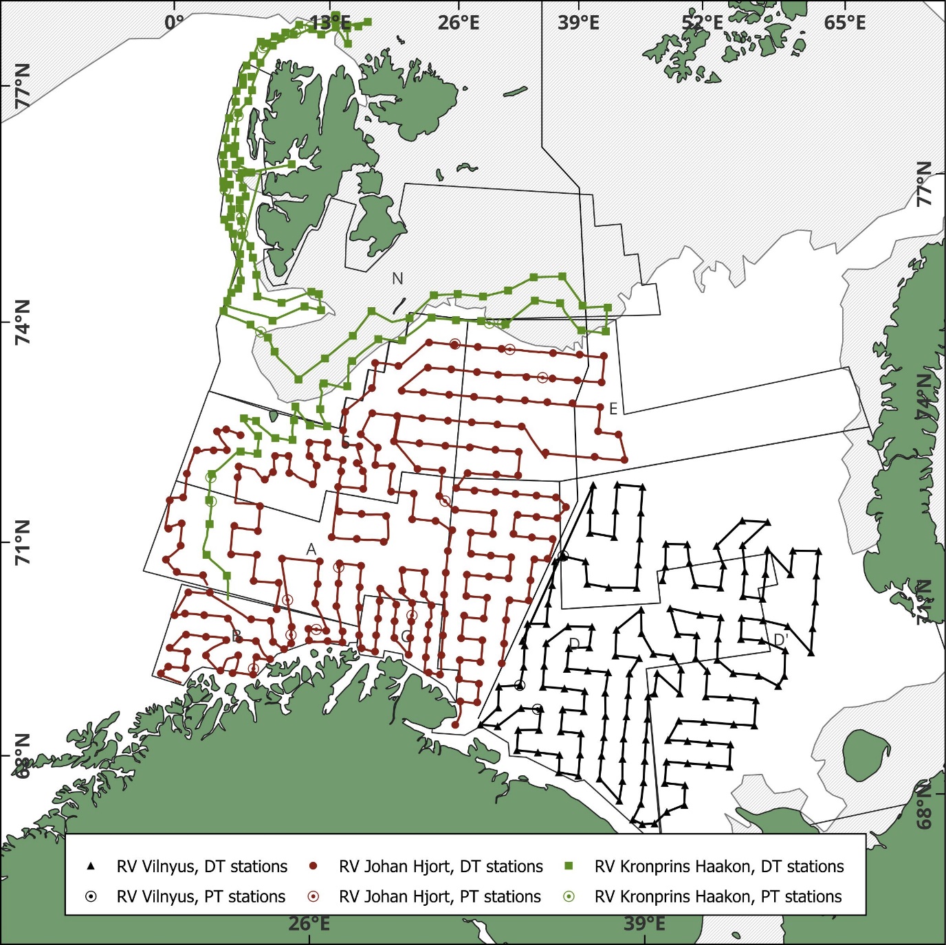 Figure 1.1.Survey tracks and all trawl stations in the winter survey 2024. Data source for the ice cover: arctic_20240116_col.png (3508×2480) (met.no) (16.01.24, the first day of the survey start on KPH) .