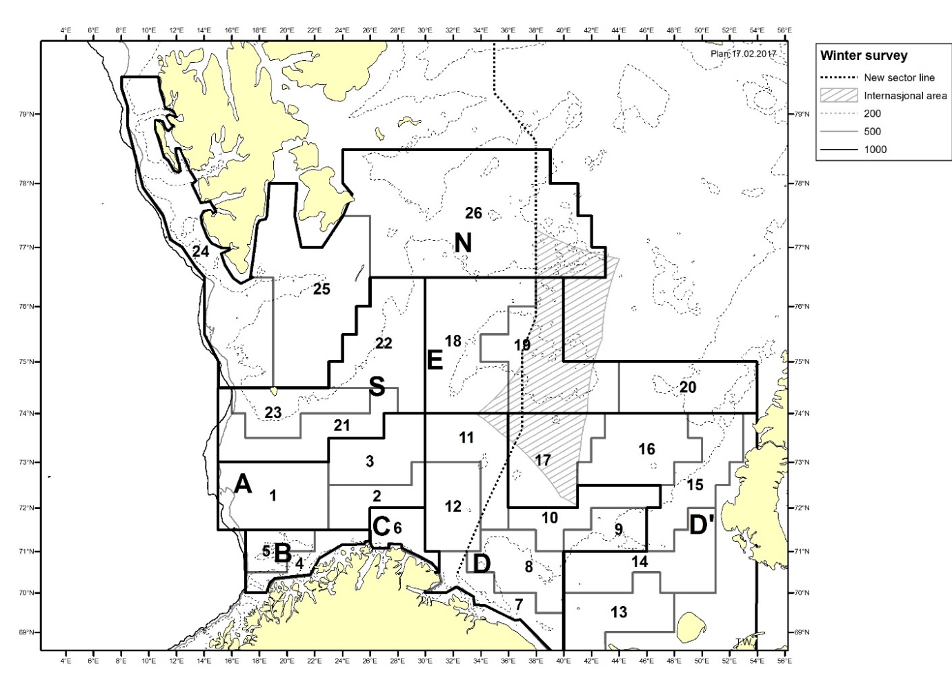 Figure 2.1. Strata (1-23) and main areas (A,B,C,D,D’,E and S) used for swept area estimations and acoustic estimations with StoX. Additional strata (24-26, main area N) are covered since 2014, and are from 2020 included in the standard time series for haddock and from 2021 in the time series for cod.