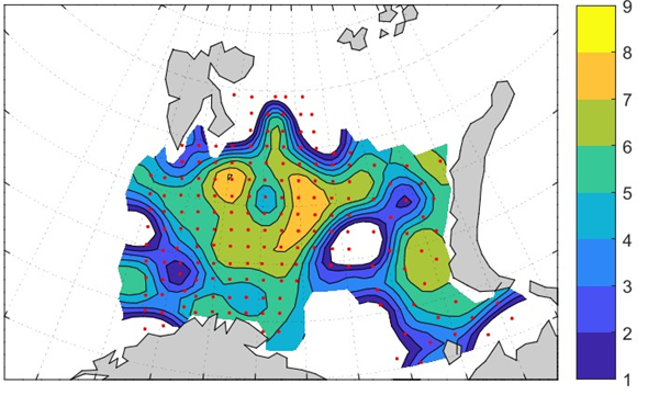 Distribution of 0-group capelin in 2016.