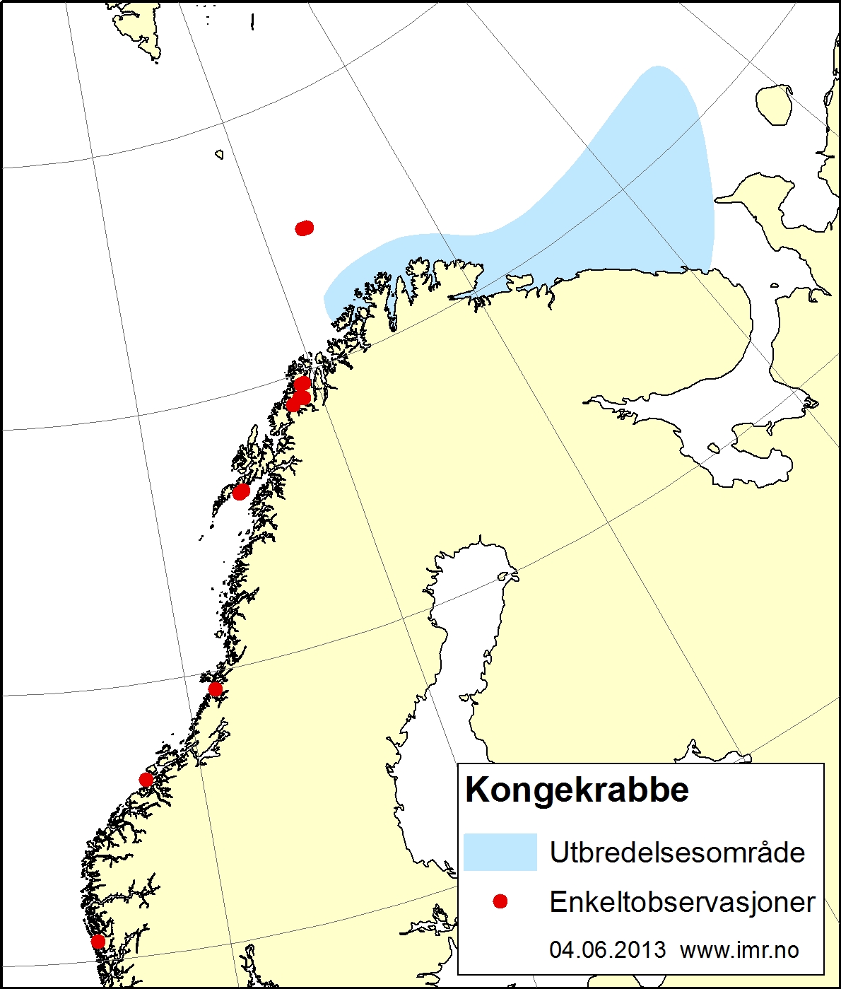 Utbredelseskart kongekrabbe