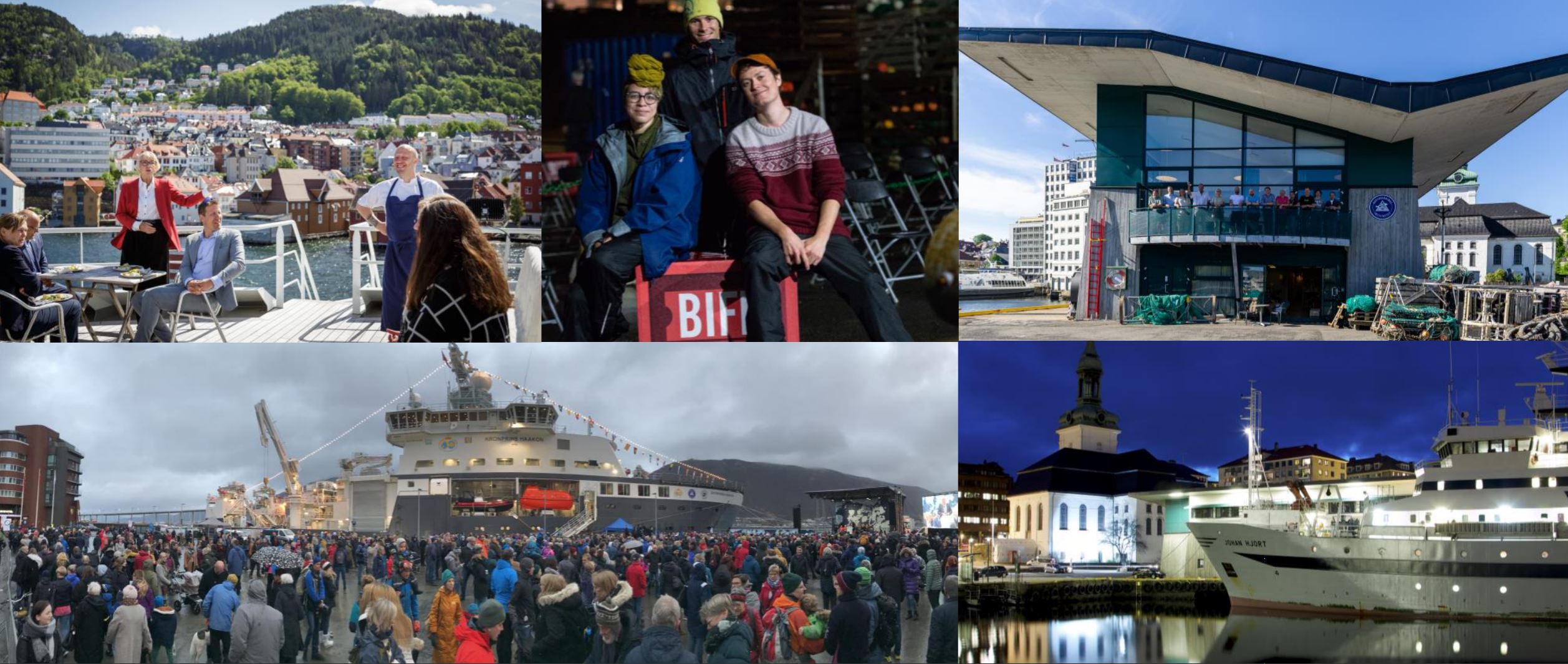 kollasj av havneaktivitet med folkeliv