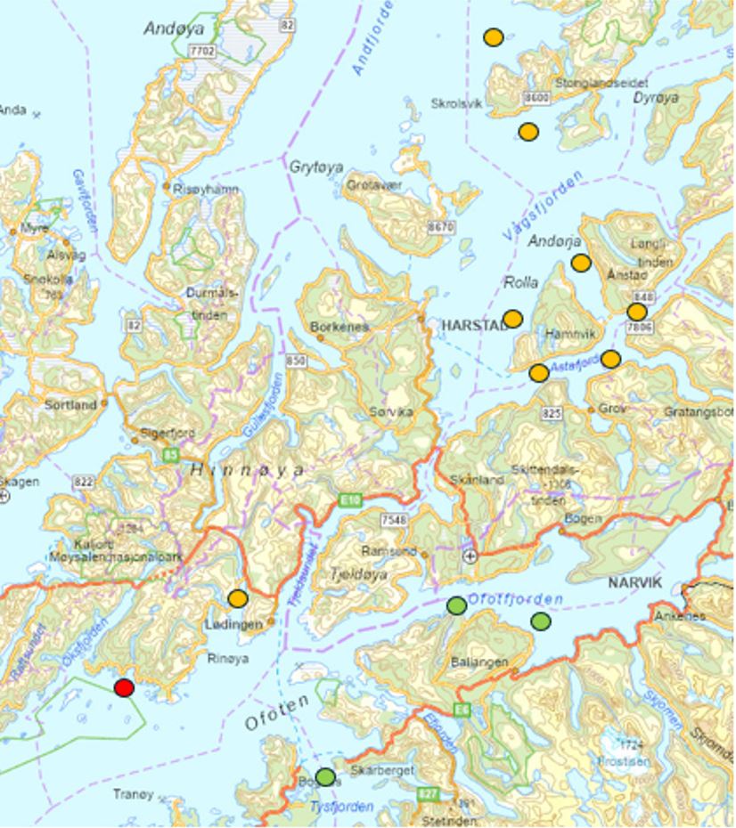 Kart som viser hvor det er rapportert om mulig skadelige alger.