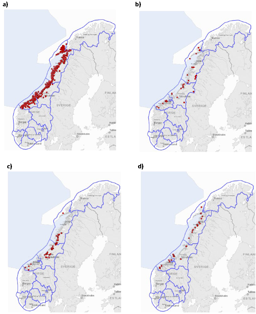Kart som viser oppdrettslokalitetar i Nordland, Trøndelag og Møre og Romsdal.
