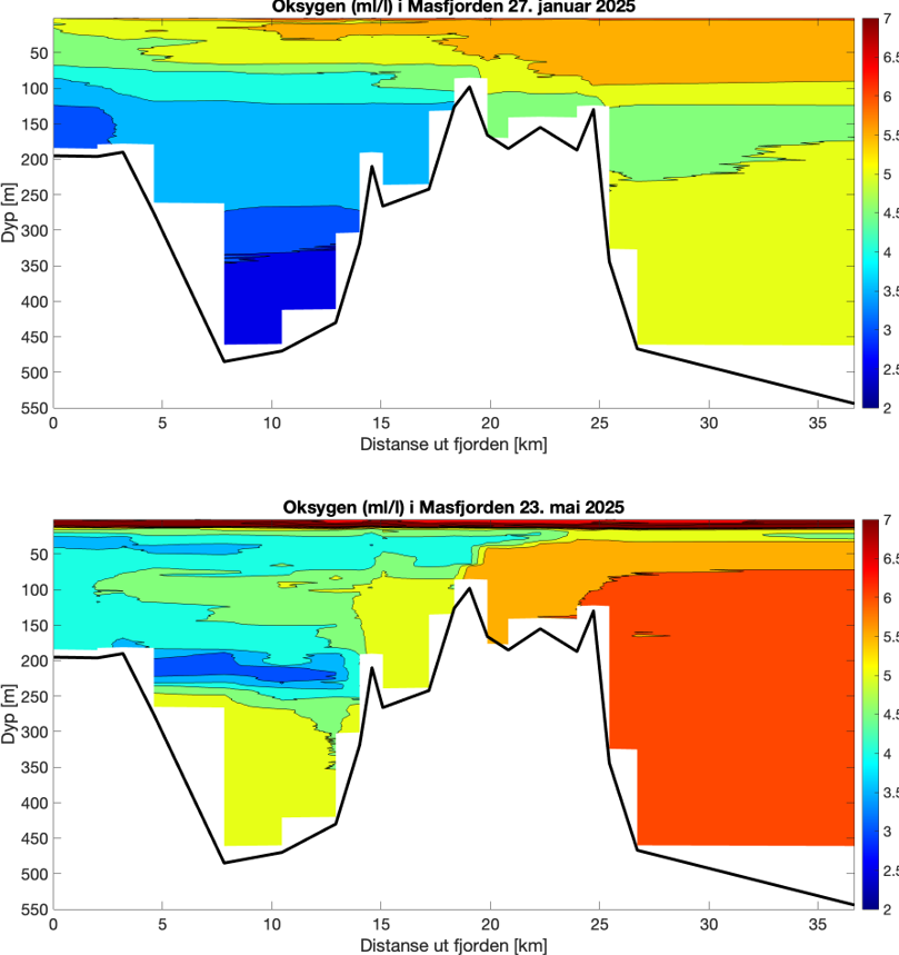 d en fargeskala som viser hvordan oksygeninnholdet endrer seg.