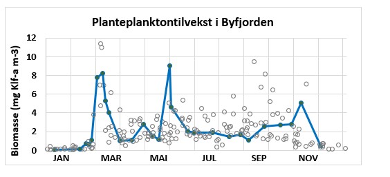 Figur som viser planteplanktontilvekst i byfjorden 2025
