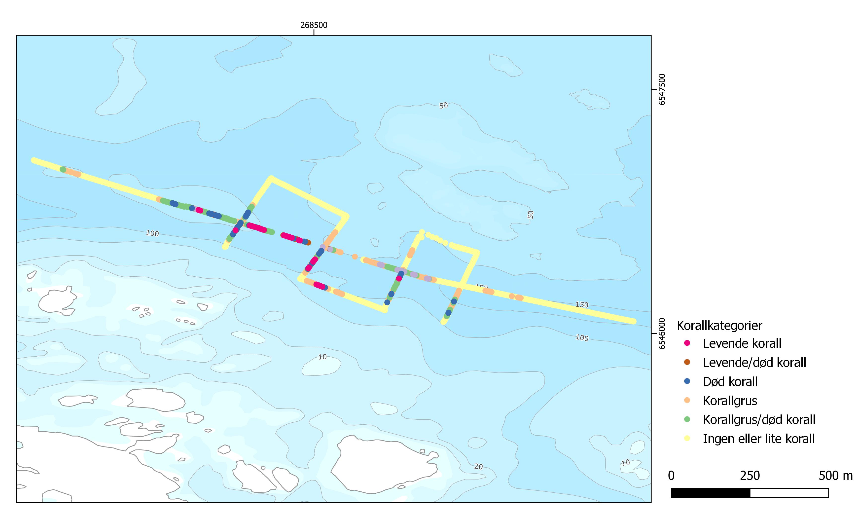 Et kart som viser hvor det er korallgrus og levende og død korall.