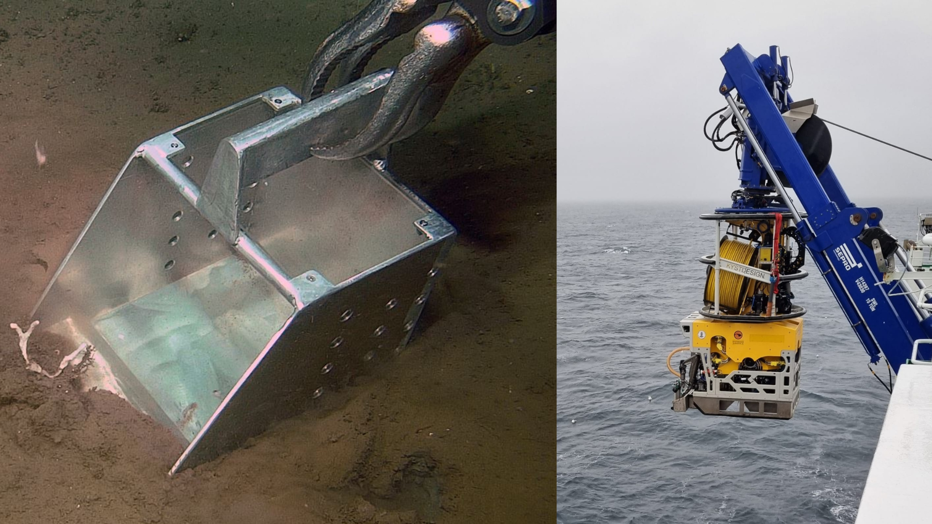 Samansett bilete av ein firkanta boks med ulike ledningar og utstyr som heng utanfor skipssida i ein kran. På det andre fotoet viser ein av reiskapane: ei slags skuffe som tar eit prøve av ein gjørmete botn.