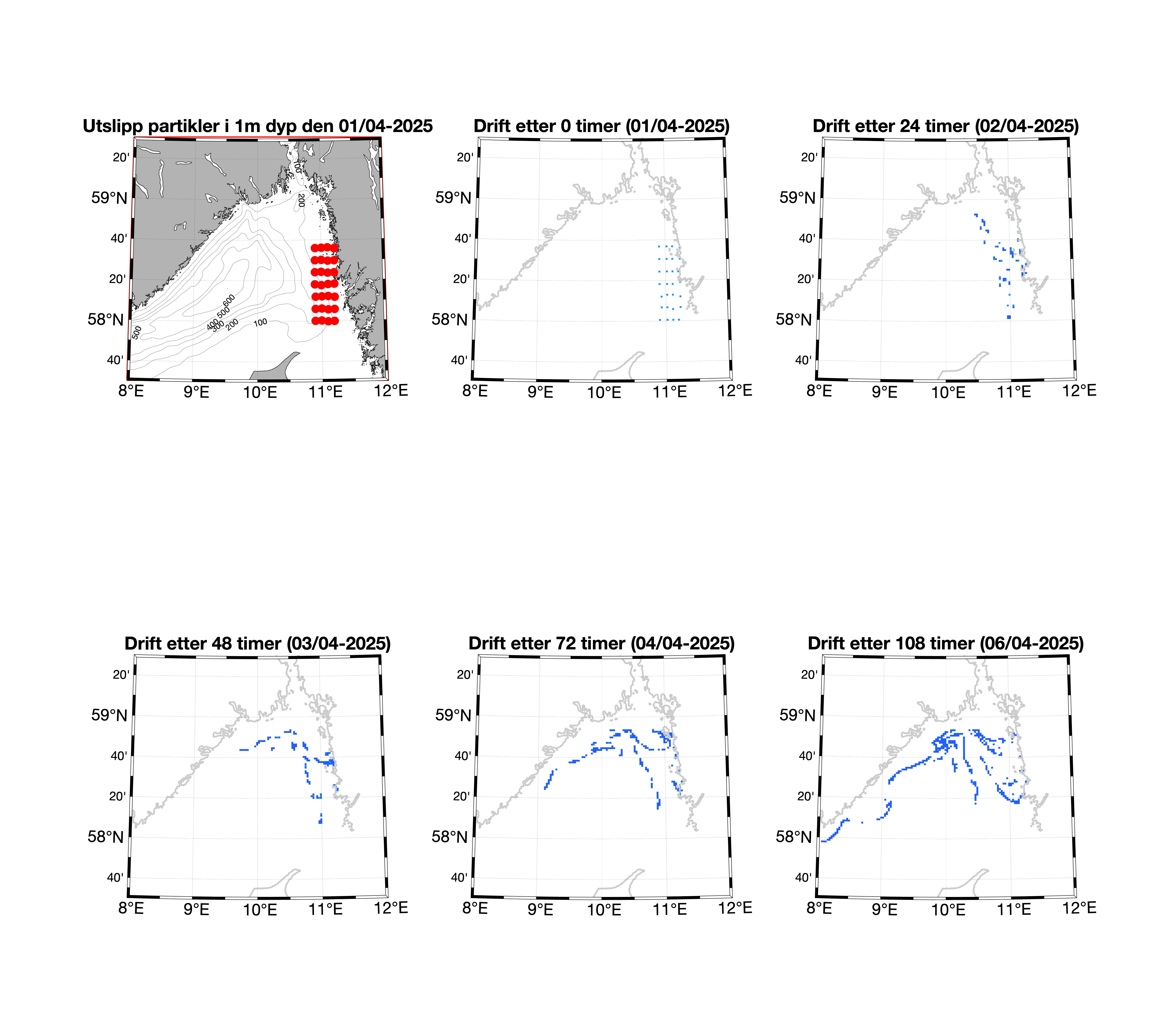 Seks figurer som viser hvordan spredning av algen kan bli.