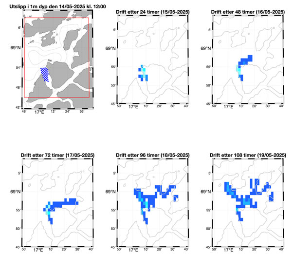 m viser hvordan algene kan komme til å sprre seg utover de neste dagene.